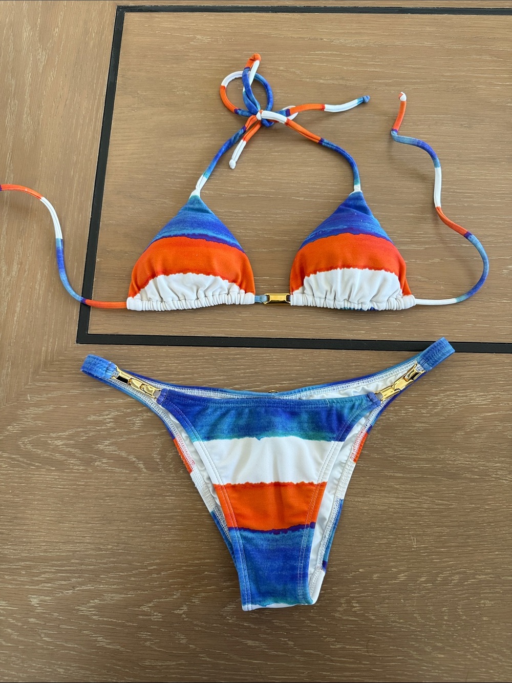 Vix Striped Blue & Orange Triangle Bikini Set Med top and L bottom